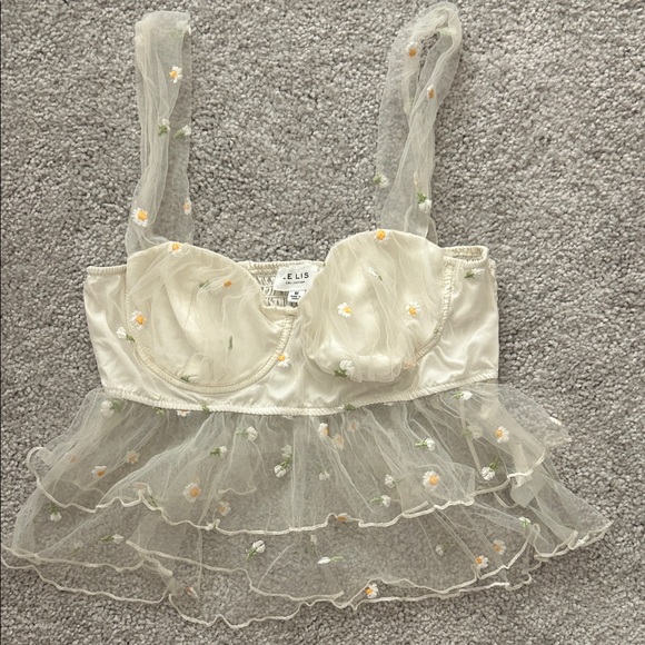 Elisamama Tops - Elis*** Cream Daisy-Embroidered Mesh Peplum Camisole